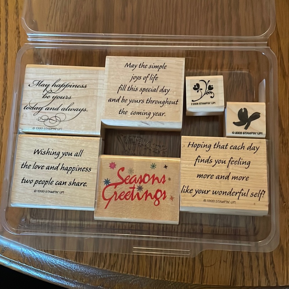 Assorted wooden stamps.